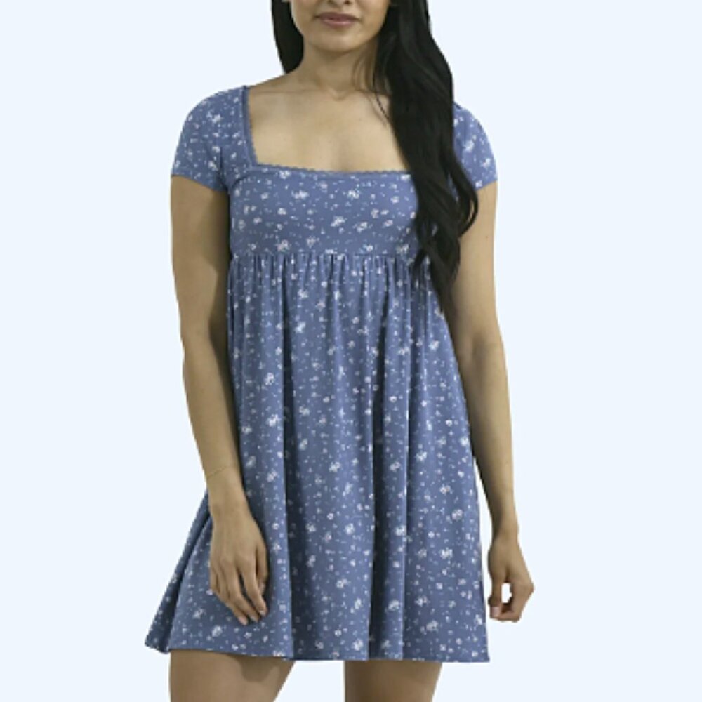 No Boundaries Blue Mini Dress with White Floral Pattern Size Medium NWT